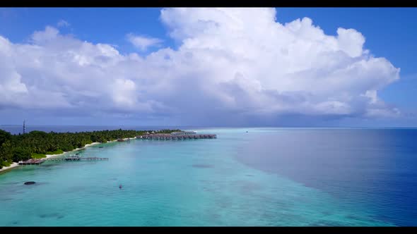 Aerial drone landscape of luxury resort beach journey by shallow sea and white sandy background of a