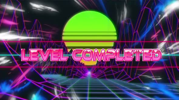 Animation of the words Level Completed written in pink metallic letters alt