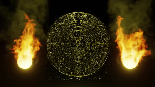 Golden Aztec Calendar With Fire Background