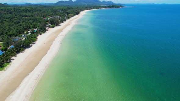 Aerial top view over city and sandy beach. coconut trees.