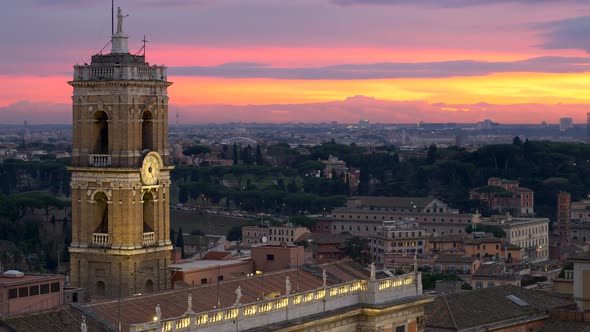 Rome, Italy. Panning Shot of Tabularium at Sunset