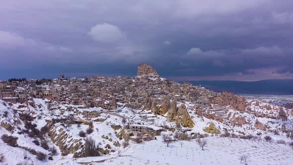 Landscape of Cappadocia and Uchisar Castle in Winter