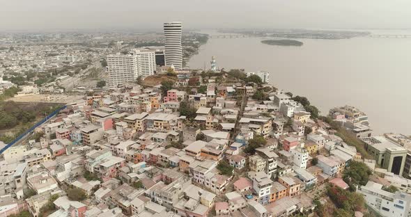 Zoom in aerial view Santa Ana Hill Guayaquil Ecuador
