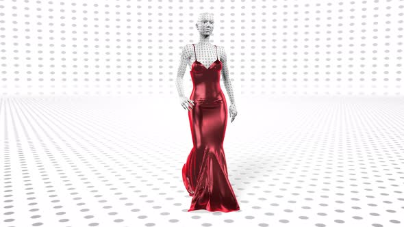 Artificial Perforated Female Android Robot in a Red Dress Is Walking alt