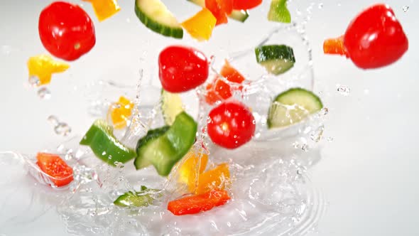 Super Slow Motion Shot of Colorful Vegetables Falling Into Water on White Background at 1000Fps