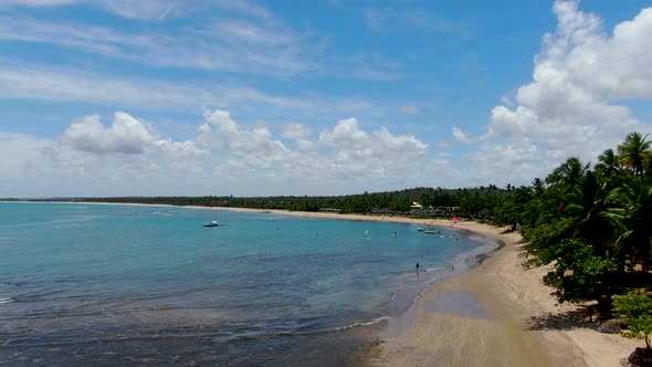 Aerial View of Tropical White Sand Beach, Palm Trees and Turquoise Clear Sea Water in Praia Do Forte