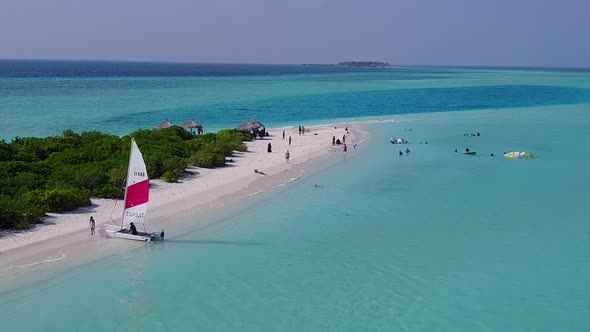 Aerial drone landscape of island beach by sea with sand background