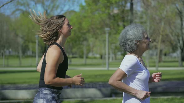 Young and Middle-aged Women Jogging in Park, One After Another