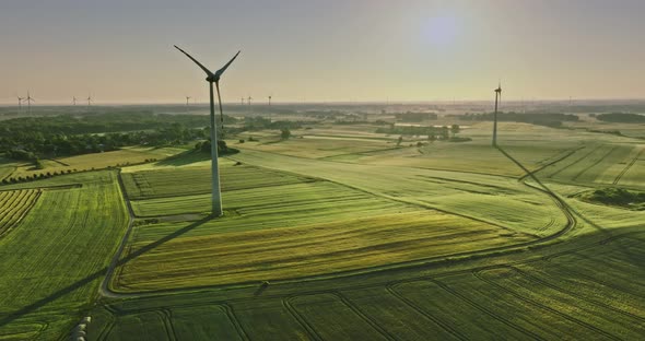 Wind turbines at sunrise on green field, aerial view alt
