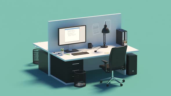 Modern office desks. Red error screen showing on the computer screens.