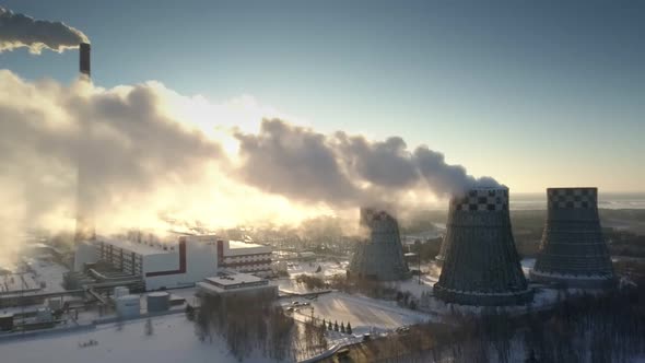 Aerial View Electric Power Station Works in Frosty Morning