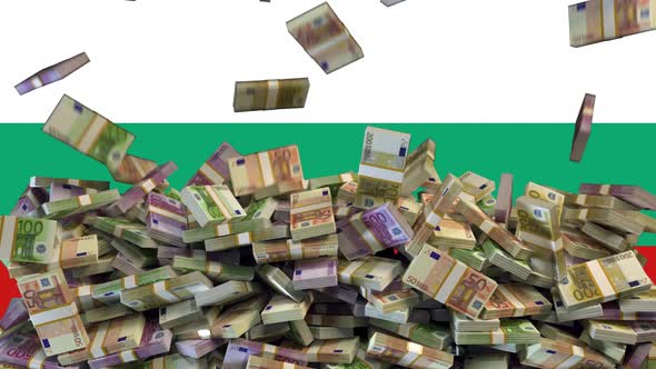 Euro Banknotes falling in front of flag of Bulgaria