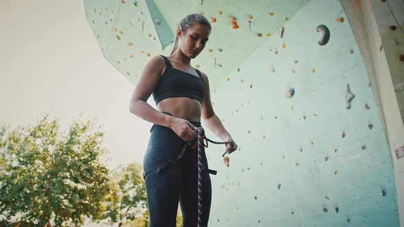 Female Rock Climber Tying Safety Knot Out of Rope