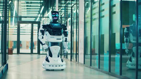 Smiling Humanlike Robot Is Riding Along the Hall