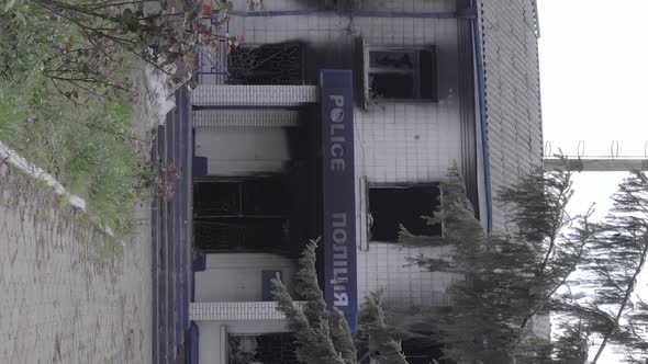 Vertical Video of Ukraine in the War  Destroyed Police Building