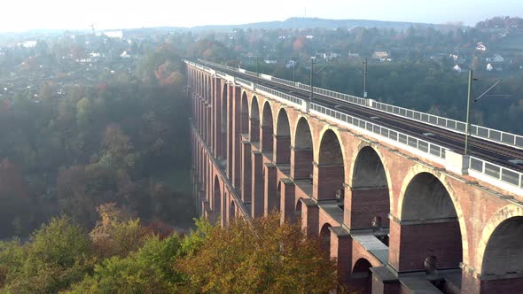 Goltzsch Brick Viaduct in Germany on a Foggy Autumnal Morning Aerial View