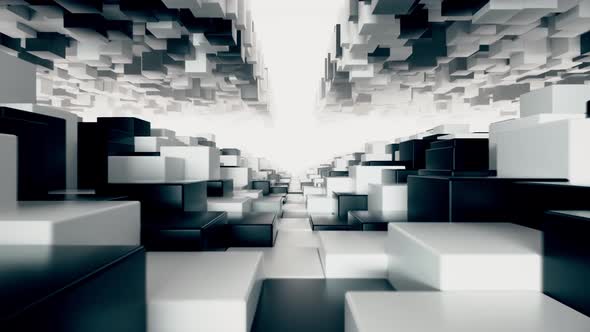 Abstract Geometric Tunnel Made of Black and White Cubes with Random Movement. Seamless Loop 3d