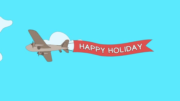 Airplane is passing through the clouds with Holiday banner - Loop