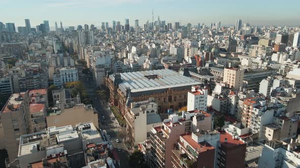 Aerial dolly in flying over the Palace of Running Waters, a National Historical Monument in Buenos A