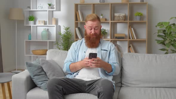 Satisfied Smiling Redhead Man Sit on Sofa Using Cellphone Device Share Sms Social Media Network