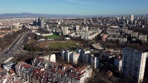 Aerial shot of Sofia, Bulgaria. Slow motion.