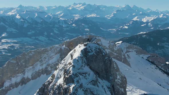 Mountain Pilatus Top in Winter Sunny Day. Swiss Alps, Switzerland. Aerial View