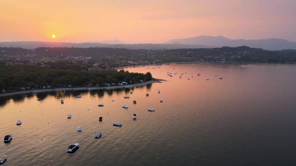Aerial View of Sunset Above Soto City Waterfront on Garda Lake, Lombardy, Italy. Idyllic Landscape a