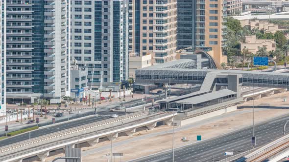 Aerial View of Dubai Tram in Dubai Marina Timelapse