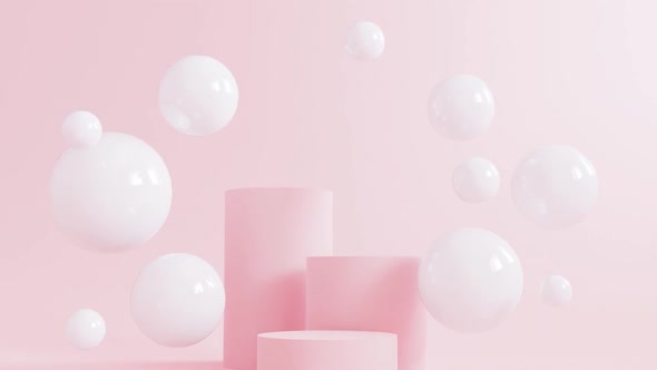 Cylinder Podiums and Glass Bubbles on Pink Background