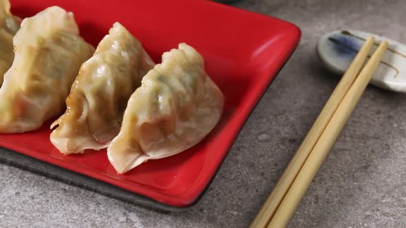 Steamed and baked Japanese gyoza, dumplings close up 