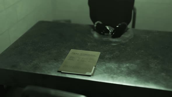Animation of the interrogation room with dark silhouette of a handcuffed man.