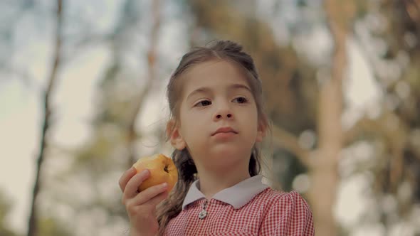 Baby Girl Preschool Eat Fruit In Park. Daughter Kid Eats Healthy Organic And Vegan Food.
