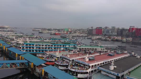 Aerial view of a busy wharf along Buriganga river, Bangladesh.