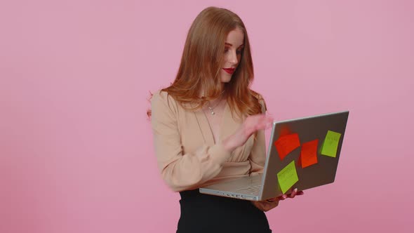 Exhausted Woman Freelancer with Pasted Sticker Notes Using Laptop Computer Concentration Problem