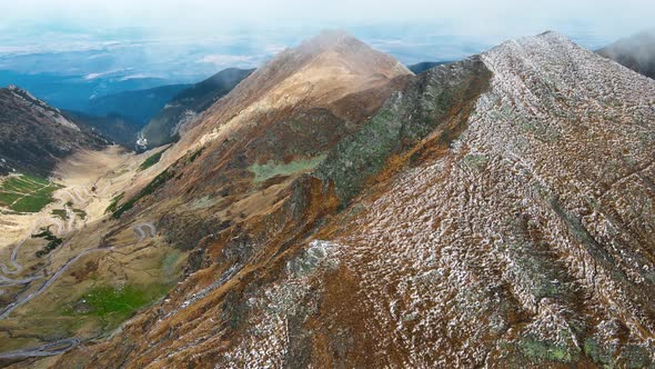 Aerial drone view of nature in Romania. Transfagarasan route in Carpathian mountains