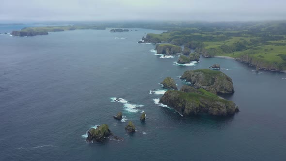 Coastline of Pacific Ocean on Shikotan Island, Beautiful Unnamed Bay, Lesser Kuril Chain, Russia.