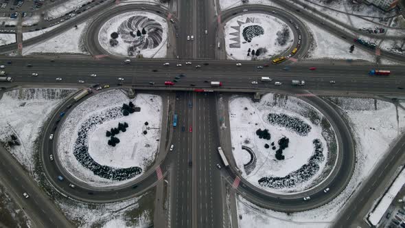 Aerial Drone View of Road Junction Large Car Interchange