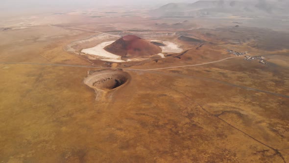 Spaceship Flying to Martian Colony Base in a Desert.