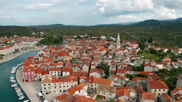 Aerial Sunset View of Stari Grad a Town at Hvar Island Croatia