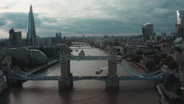 Aerial View to the Beautiful Tower Bridge and the Skyline of London