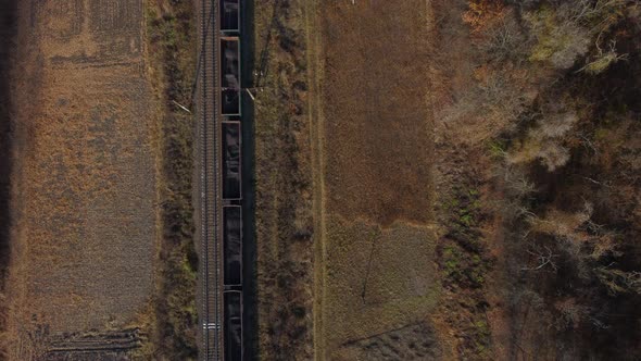 Aerial Drone View Flight Over Movement Train with Carriages Filled Coal Autumn