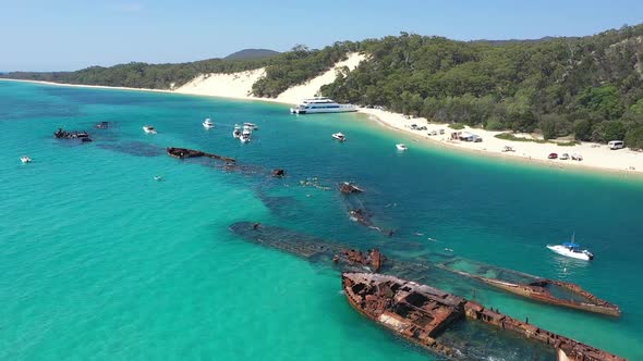 Aerial view of The Wrecks, Tangalooma, Moreton Island, Queensland, Australia