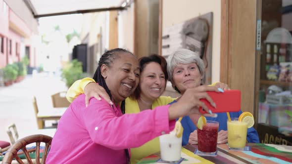 Happy Multiracial Senior Friends Doing Video Call with Mobile Phone at Brunch Restaurant Elderly