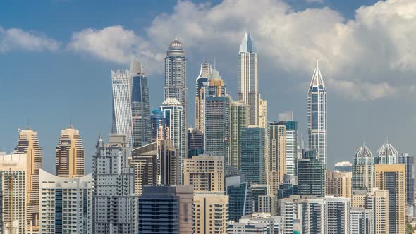 Dubai Marina Skyscrapers Aerial Top View with Clouds From JLT in Dubai Timelapse UAE