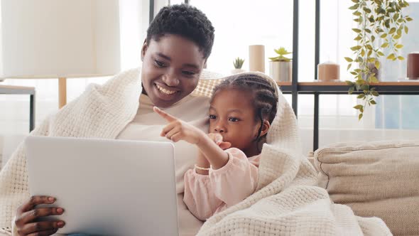 Afro American Family Making Online Video Call Conference From Home African Mother with Little Girl
