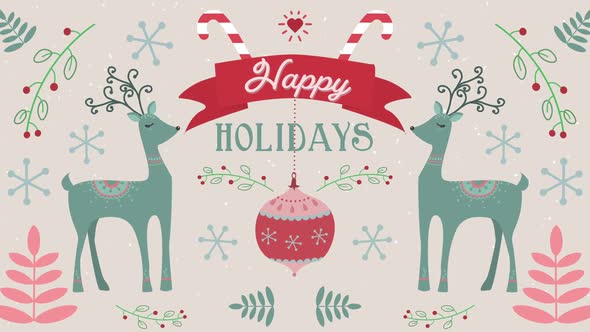 Animation of Happy Holidays words and moving deers on Christmas decorations background