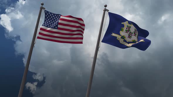 Waving Flags Of The United States And Connecticut State Flag 4K