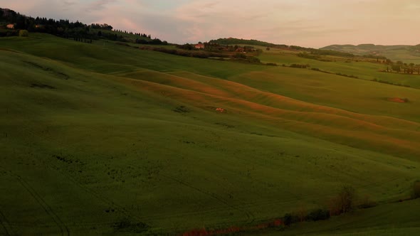 Flying over the amazing rolling hills of Tuscany Italy