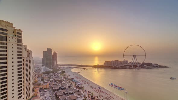 Sunset Waterfront Overview Jumeirah Beach Residence JBR Skyline Aerial Timelapse with Yacht and