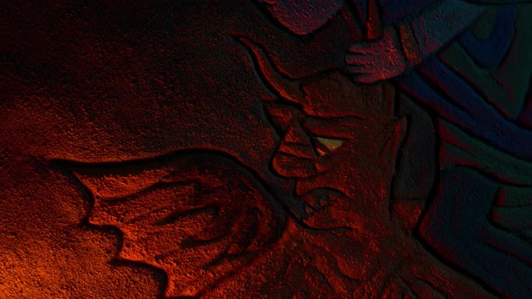 Devil Old Wall Carving In Fire Light